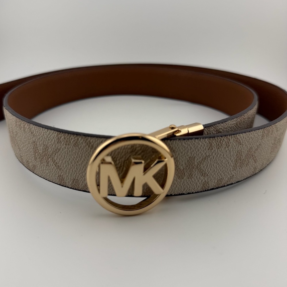 Michael Kors Reversible MK Logo Belt L Beige Brown Gold Buckle (2558)